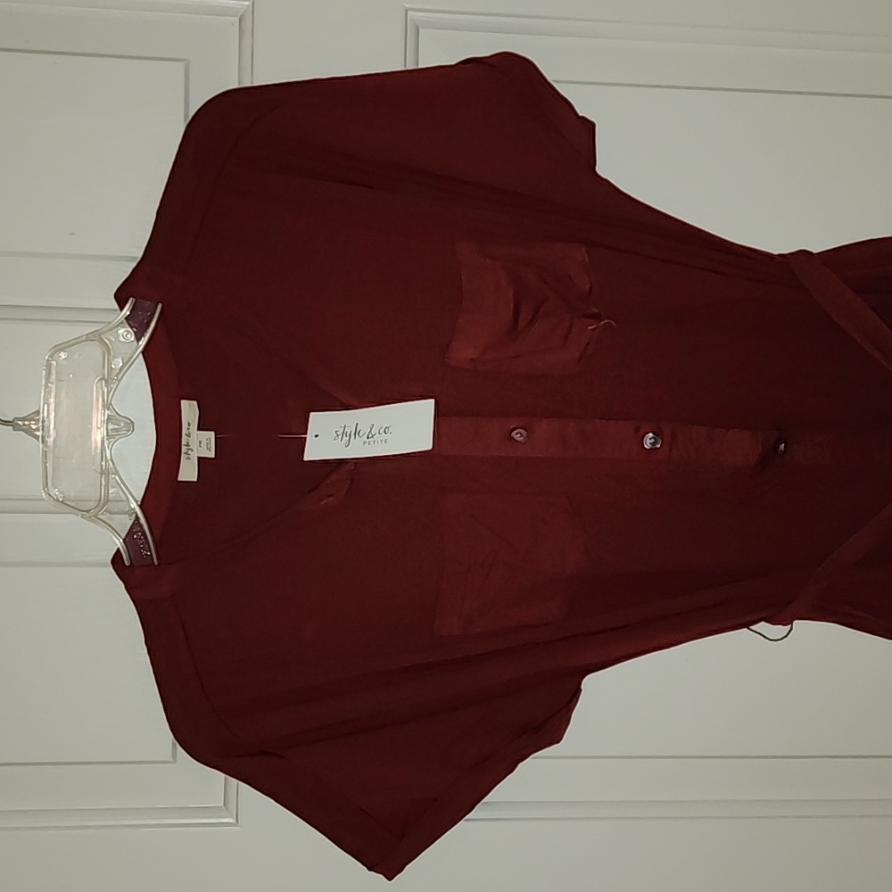 Petite Knit Camp Shirt Dress-burgundy